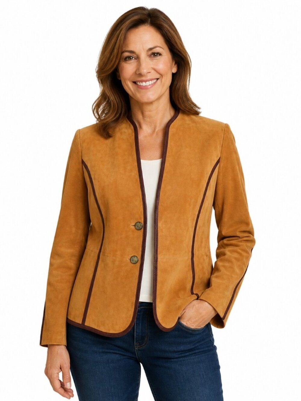 Tesori Cinnamon Suede Brown Leather Trim Jacket